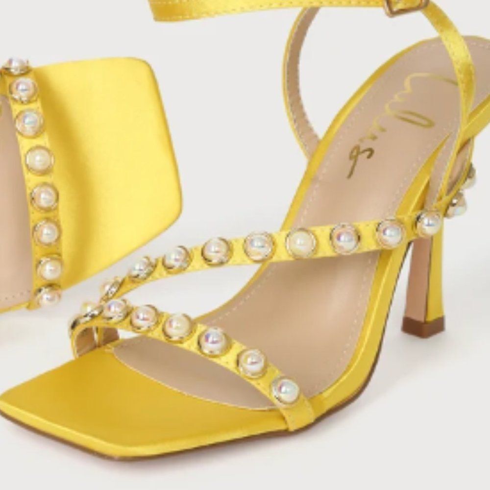 Lulus Women's Satin Pearl Strappy Heeled Sandals Party Marigold Shoes Size 8.5 - Picture 5 of 7